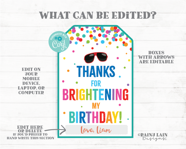 Thanks for Brightening My Birthday Tag Sunglasses Tags Sun Summer Bright Birthday Brighten School Party Favor Birthday Gift Party Light
