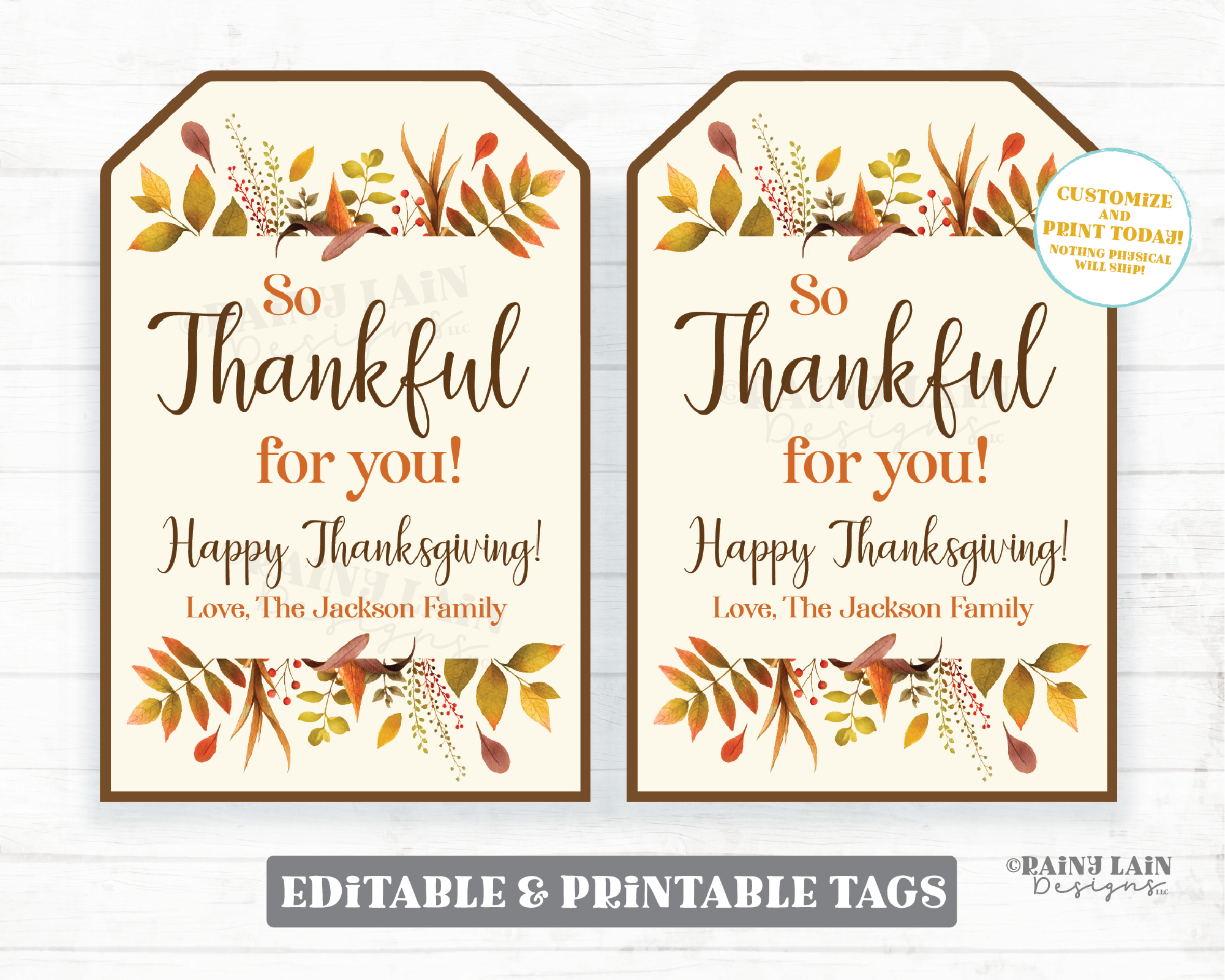 So Thankful for You Editable Thanksgiving Tags Custom Personalized Thanksgiving Favor Gift Co-worker Staff appreciation Floral Fall Leaves