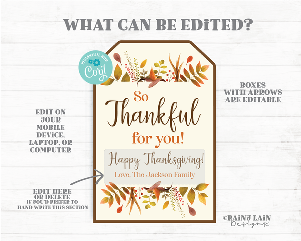 So Thankful for You Editable Thanksgiving Tags Custom Personalized Thanksgiving Favor Gift Co-worker Staff appreciation Floral Fall Leaves