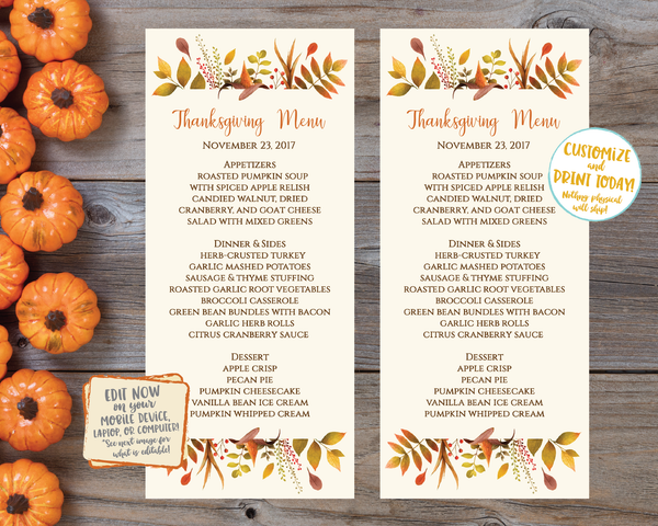 Editable Thanksgiving Menu Cards, Friendsgiving Menu Cards, Printable Thanksgiving Menu Cards, Fall Menu Cards, Plaid, Floral Leaves
