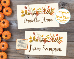 Editable Thanksgiving Place cards, Thanksgiving Name cards Thanksgiving Placecards, Friendsgiving Place cards Printable Plaid Floral Leaves