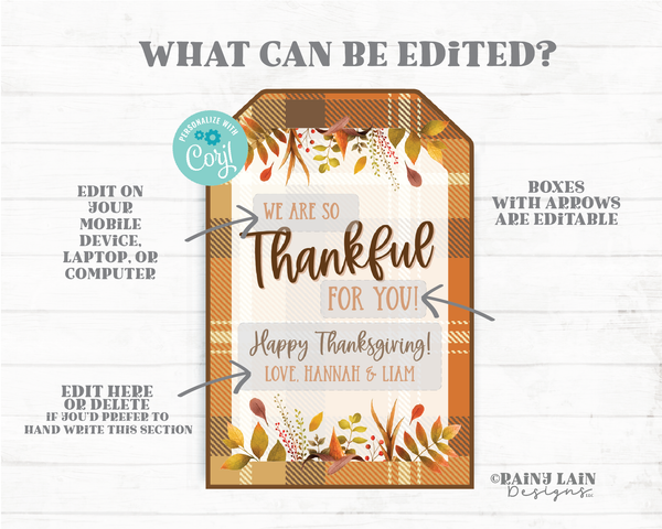Editable Thanksgiving Tags So Thankful for You Custom Personalized Thanksgiving Favor Gift Co-worker Staff Teacher appreciation Fall Plaid