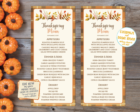 Thanksgiving Menu Cards, Friendsgiving Menu Cards, Editable Thanksgiving Menu Cards, Printable Thanksgiving Menu Cards, Plaid, Floral Leaves