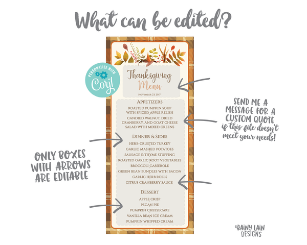 Thanksgiving Menu Cards, Friendsgiving Menu Cards, Editable Thanksgiving Menu Cards, Printable Thanksgiving Menu Cards, Plaid, Floral Leaves
