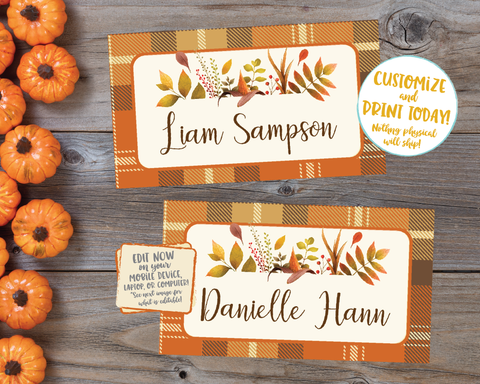 Editable Thanksgiving Place cards, Thanksgiving Placecards, Friendsgiving Place cards Printable Thanksgiving Place cards Plaid Floral Leaves Name Cards