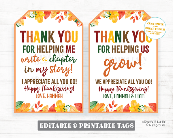 Thank you for helping Thanksgiving Tags Custom Thanksgiving Gift Tag Editable Co-worker Staff Teacher appreciation School PTO Grow Write Pen