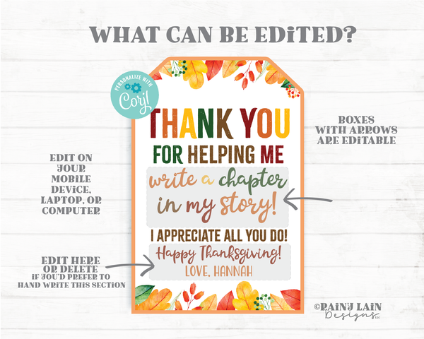 Thank you for helping Thanksgiving Tags Custom Thanksgiving Gift Tag Editable Co-worker Staff Teacher appreciation School PTO Grow Write Pen