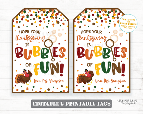 Hope your Thanksgiving is Bubbles of Fun Thanksgiving Tag From Teacher to Student Printable Preschool Kids Classmate Gift Tag Favor Tag
