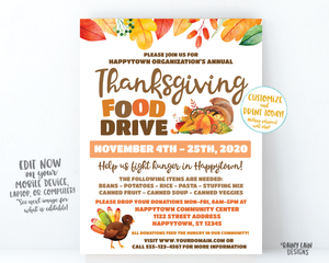 Thanksgiving Food Drive Flyer, Fall Food Drive, Autumn Food Drive, Hunger Drive Flier, Invitation Information Card Digital Flyer Editable