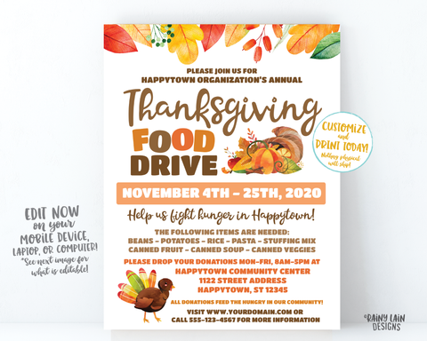 Thanksgiving Food Drive Flyer, Fall Food Drive, Autumn Food Drive, Hunger Drive Flier, Invitation Information Card Digital Flyer Editable