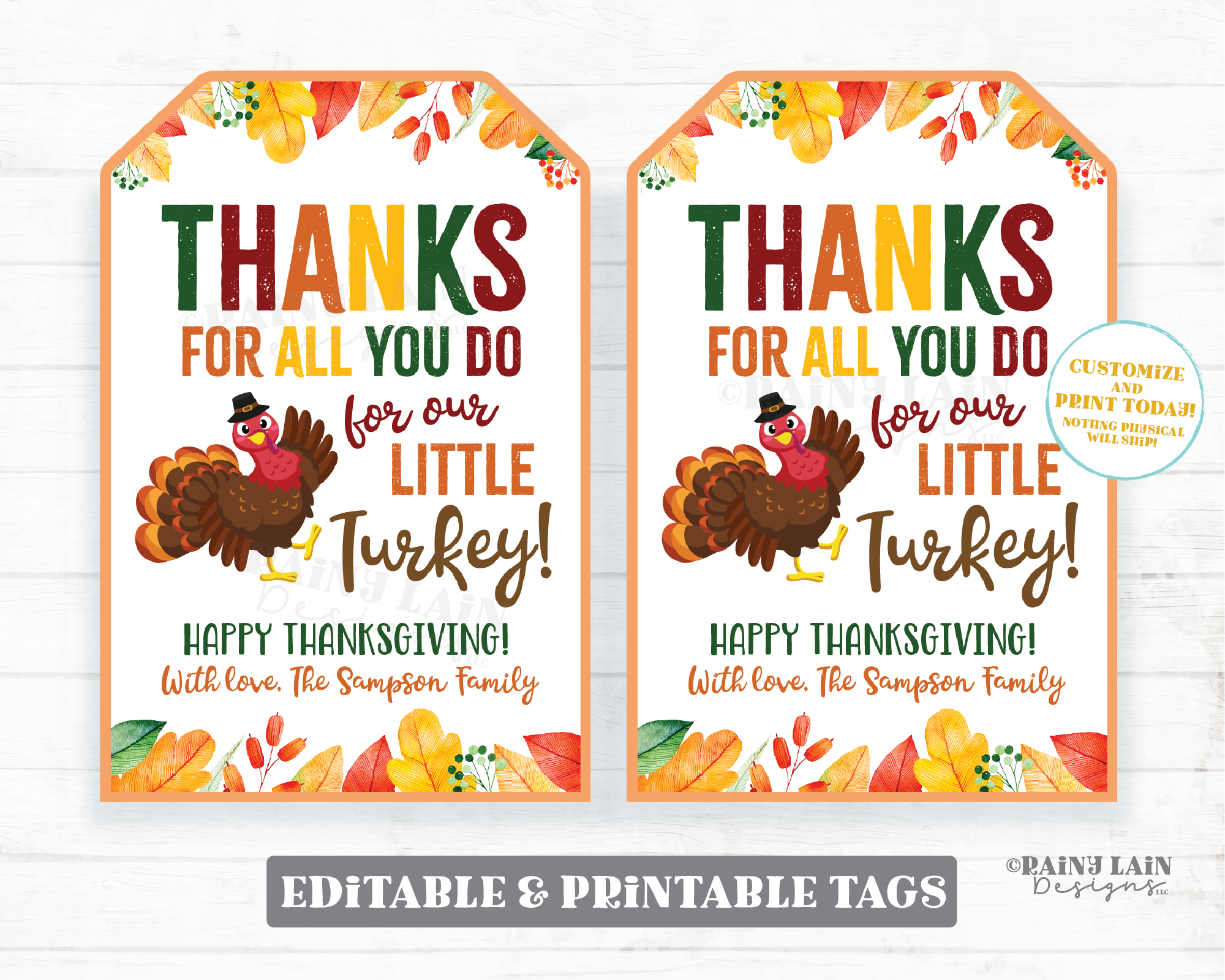 Thanks for all you do for our Little Turkey Tag, Thanksgiving Tags, Teacher Appreciation, Coach Thank you, Daycare Childcare Nanny Gift Tag, Turkey Tags