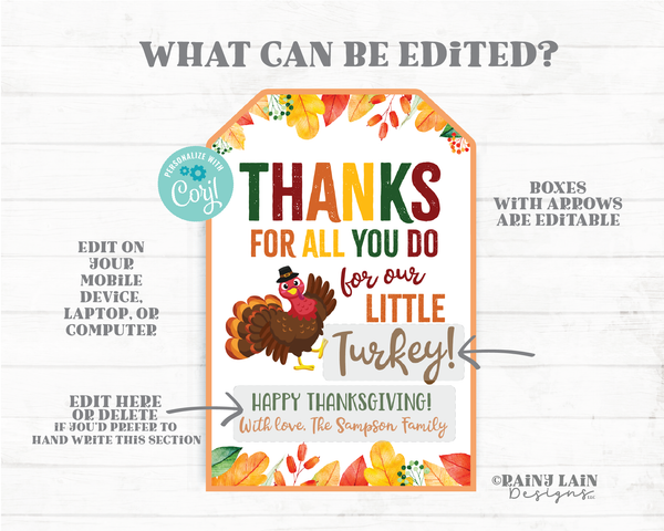 Thanks for all you do for our Little Turkey Tag, Thanksgiving Tags, Teacher Appreciation, Coach Thank you, Daycare Childcare Nanny Gift Tag, Turkey Tags