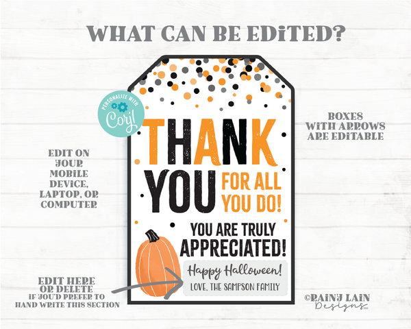 Thank you for all you do Halloween tag Appreciate Halloween Gift Tags Halloween Appreciation Favor Tags Teacher Staff Employee School