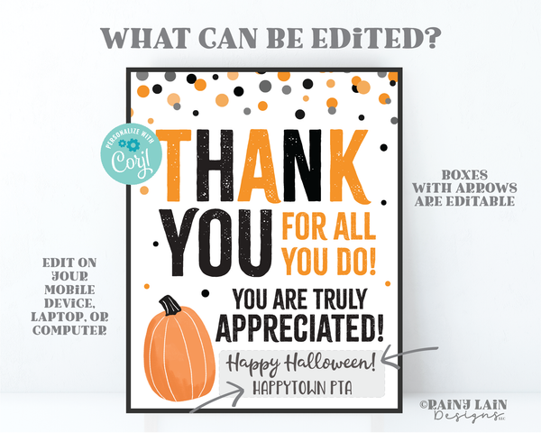Thank you for all you do Halloween Sign Appreciate Halloween Treat Sign Appreciation Favor Teacher Staff Employee School Lounge