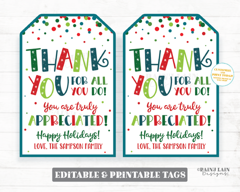Thank you for all you do Holiday tag Appreciate Christmas Gift Tags Holiday Appreciation Favor Tags Teacher Staff Employee School
