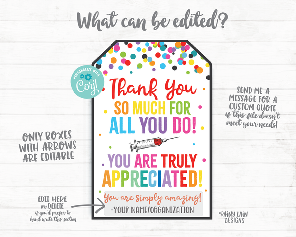 Thank You for all you do Truly Appreciated Nurse Appreciation Gift Tags Vaccine Staff Co-Worker Vaccination Blood Phlebotomy Technician