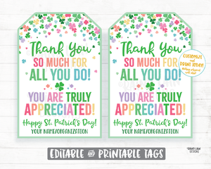 St Patrick's Day Gift Tag Thank You for all you do Staff Appreciation Friend Co-Worker Company Frontline Worker Employee Teacher Principal