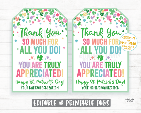 St Patrick's Day Gift Tag Thank You for all you do Staff Appreciation Friend Co-Worker Company Frontline Worker Employee Teacher Principal
