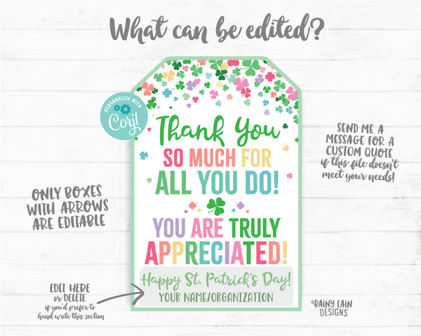 St Patrick's Day Gift Tag Thank You for all you do Staff Appreciation Friend Co-Worker Company Frontline Worker Employee Teacher Principal