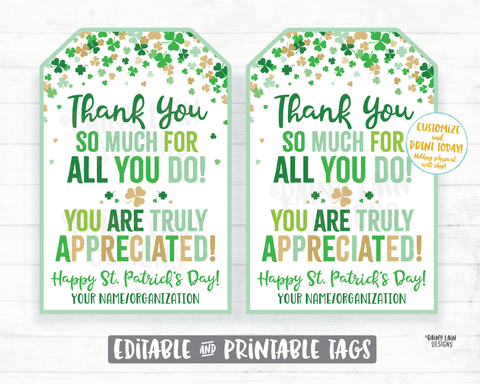 Thank You for all you do St Patrick's Day Gift Tag Shamrocks Staff Appreciation Friend Co-Worker Frontline Worker Employee Teacher Principal
