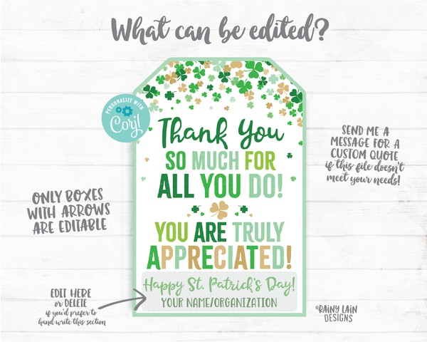 Thank You for all you do St Patrick's Day Gift Tag Shamrocks Staff Appreciation Friend Co-Worker Frontline Worker Employee Teacher Principal