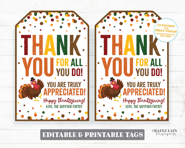 Thank you for all you do Thanksgiving Tag Appreciate Thankful Gift Tags Appreciation Favor Teacher Staff Employee School PTO