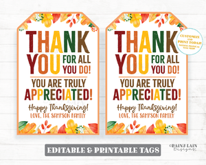 Thanksgiving Thank you for all you do Tag Appreciation Favor Appreciate Thankful Gift Tags Teacher Staff Employee School PTO
