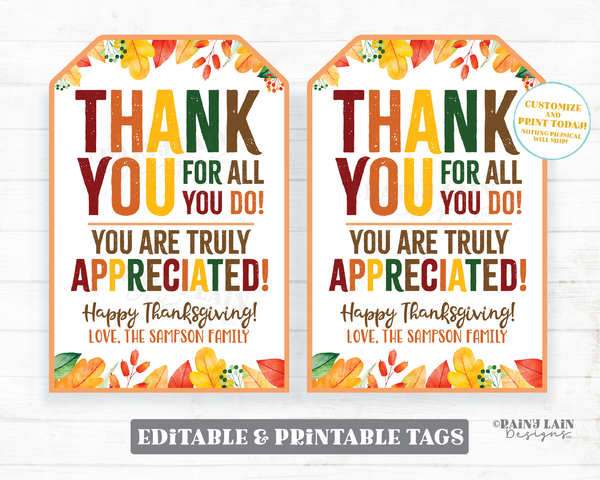 Thanksgiving Thank you for all you do Tag Appreciation Favor Appreciate Thankful Gift Tags Teacher Staff Employee School PTO