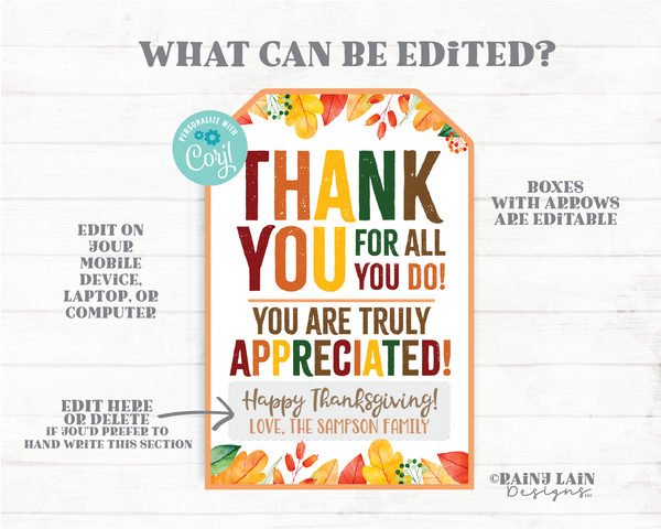 Thanksgiving Thank you for all you do Tag Appreciation Favor Appreciate Thankful Gift Tags Teacher Staff Employee School PTO
