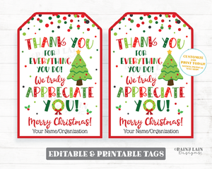Thank you for all you do Christmas tag Appreciate Holiday Gift Tags Christmas Appreciation Favor Tags Teacher Staff Employee School