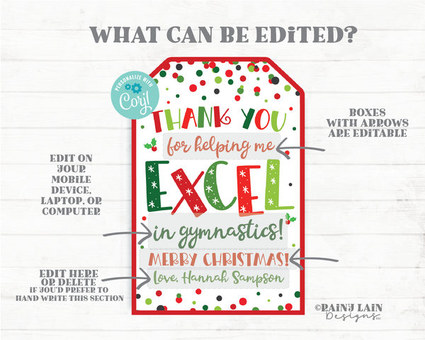 Thank you for helping me Excel Tag Coach Christmas Gift Holiday Sports Teacher Gymnastics Swimming Soccer Basketball Volleyball Water Polo