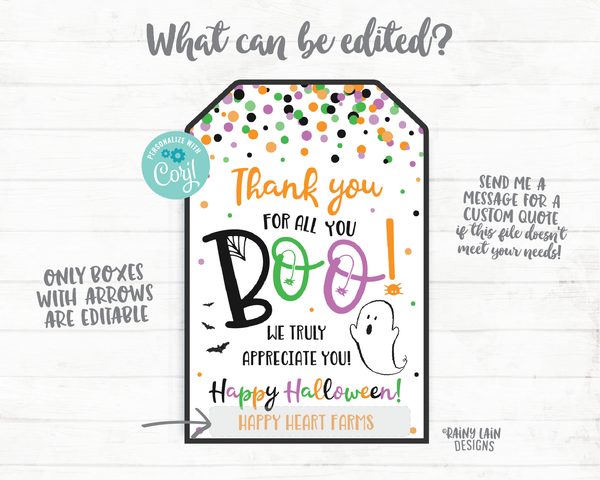 Thank you for all you boo Tag Halloween Tag Printable Halloween Tag Editable Favor Tag Halloween thank you tag Employee Teacher Staff School
