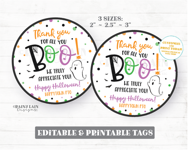 Thank you for all you boo Tag Round Halloween Printable Tag Editable Favor Tag Halloween thank you tag Employee Teacher Staff School PTO PTA