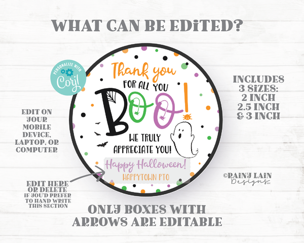 Thank you for all you boo Tag Round Halloween Printable Tag Editable Favor Tag Halloween thank you tag Employee Teacher Staff School PTO PTA