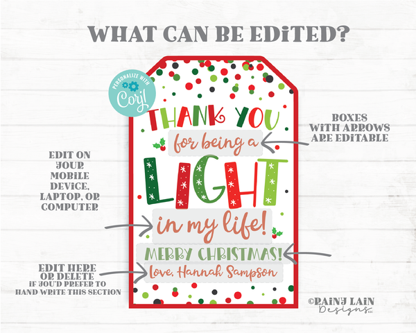 Thank you for being a light in my life Christmas Candle Tag Holiday Lights Gift Flashlight Employee Staff Teacher PTO Thank you Appreciation