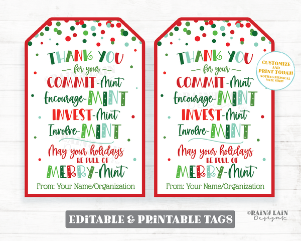 Christmas Mint Gift Tag Holiday Mint Thank you Tag Employee Appreciation Staff Teacher Coach PTO Peppermint Bark Candy Cane Volunteer