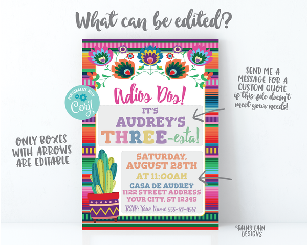 Three-esta Birthday Invitation Girl THREEesta Invitation, Adios Dos Invitation, 3rd Birthday Fiesta Invitation Cactus, Floral, Serape Invite