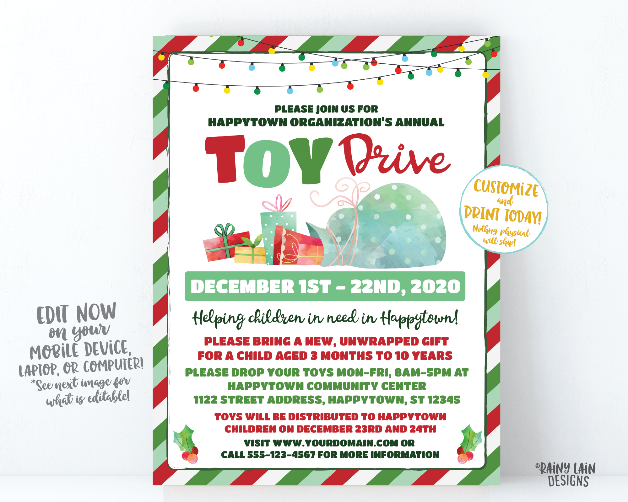 Toy Drive Flyer, Christmas Toy Drive Flyer, Holiday Toy Drive Flier Fundraiser Invitation Information Card Digital Flyer Editable DIY