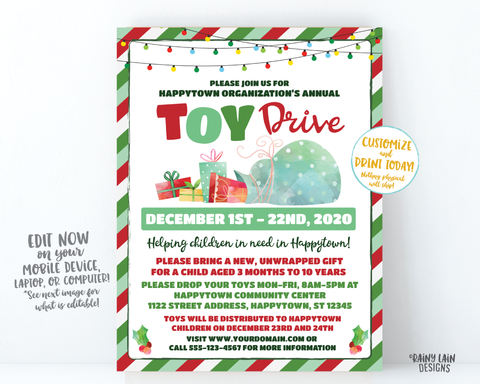 Toy Drive Flyer, Christmas Toy Drive Flyer, Holiday Toy Drive Flier Fundraiser Invitation Information Card Digital Flyer Editable DIY