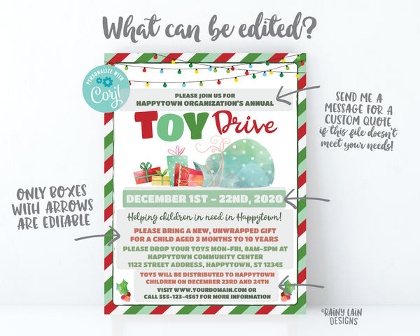 Toy Drive Flyer, Christmas Toy Drive Flyer, Holiday Toy Drive Flier Fundraiser Invitation Information Card Digital Flyer Editable DIY