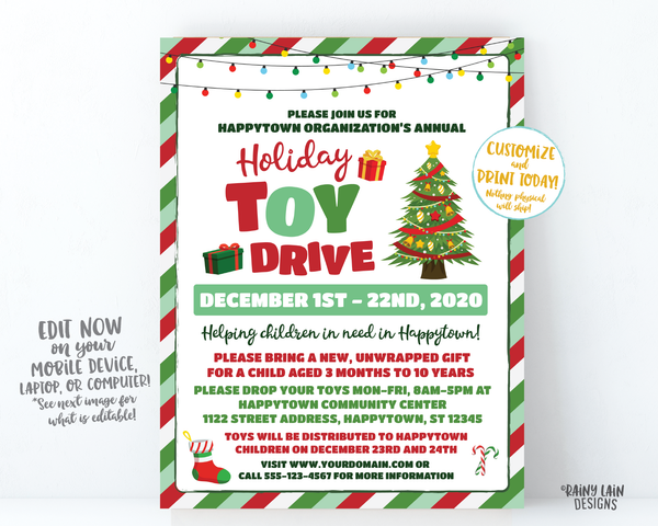 Holiday Toy Drive Flyer, Christmas Toy Drive Flyer, Toy Drive Flier Fundraiser Invitation Information Card Digital Flyer Editable DIY