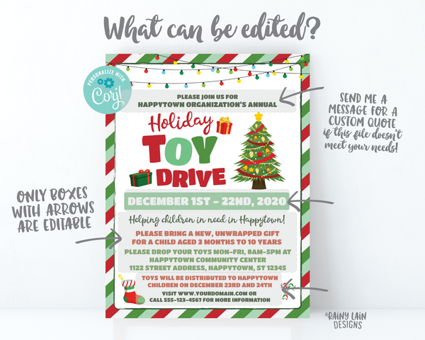 Holiday Toy Drive Flyer, Christmas Toy Drive Flyer, Toy Drive Flier Fundraiser Invitation Information Card Digital Flyer Editable DIY