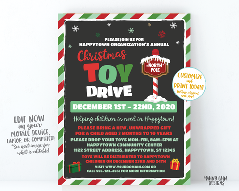 Christmas Toy Drive Flyer, Holiday Toy Drive Flyer, Toy Drive Flier Fundraiser Invitation Information Card Digital Flyer Editable DIY