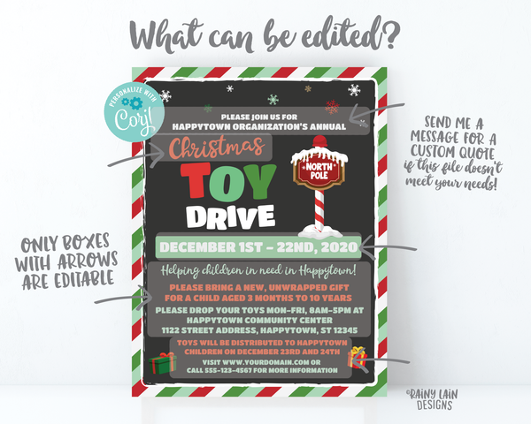 Christmas Toy Drive Flyer, Holiday Toy Drive Flyer, Toy Drive Flier Fundraiser Invitation Information Card Digital Flyer Editable DIY