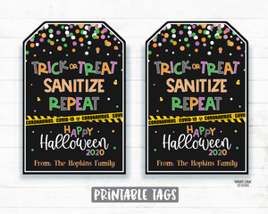 Trick or Treat Sanitize Repeat Halloween Tags Printable Halloween Tag Editable Hand Sanitizer Tags Trick or Treat Tags Party Favor Tags