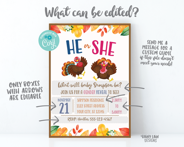 Turkey Gender Reveal Invitation Thanksgiving Gender Reveal Invite He or She What will our little Turkey be Invite Turkey in the Oven Leaves
