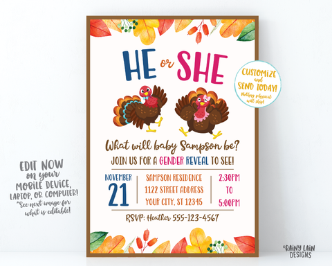 Turkey Gender Reveal Invitation Thanksgiving Gender Reveal Invite He or She What will our little Turkey be Invite Turkey in the Oven Leaves