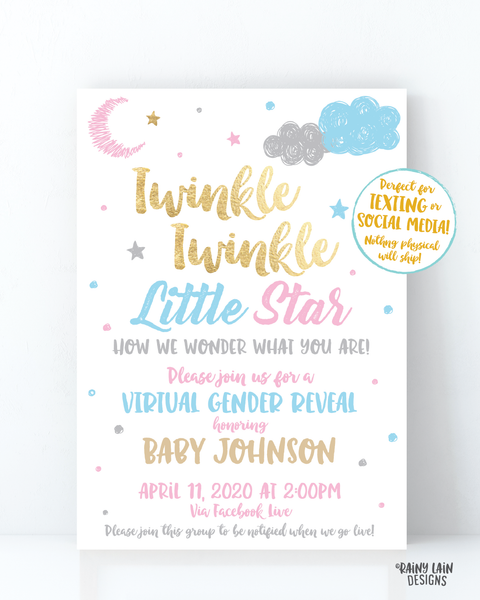 Virtual Gender Reveal Invitation, Long Distance Gender Reveal Invite, Twinkle Twinkle Little Star How We Wonder What You Are, Pink Blue Gold