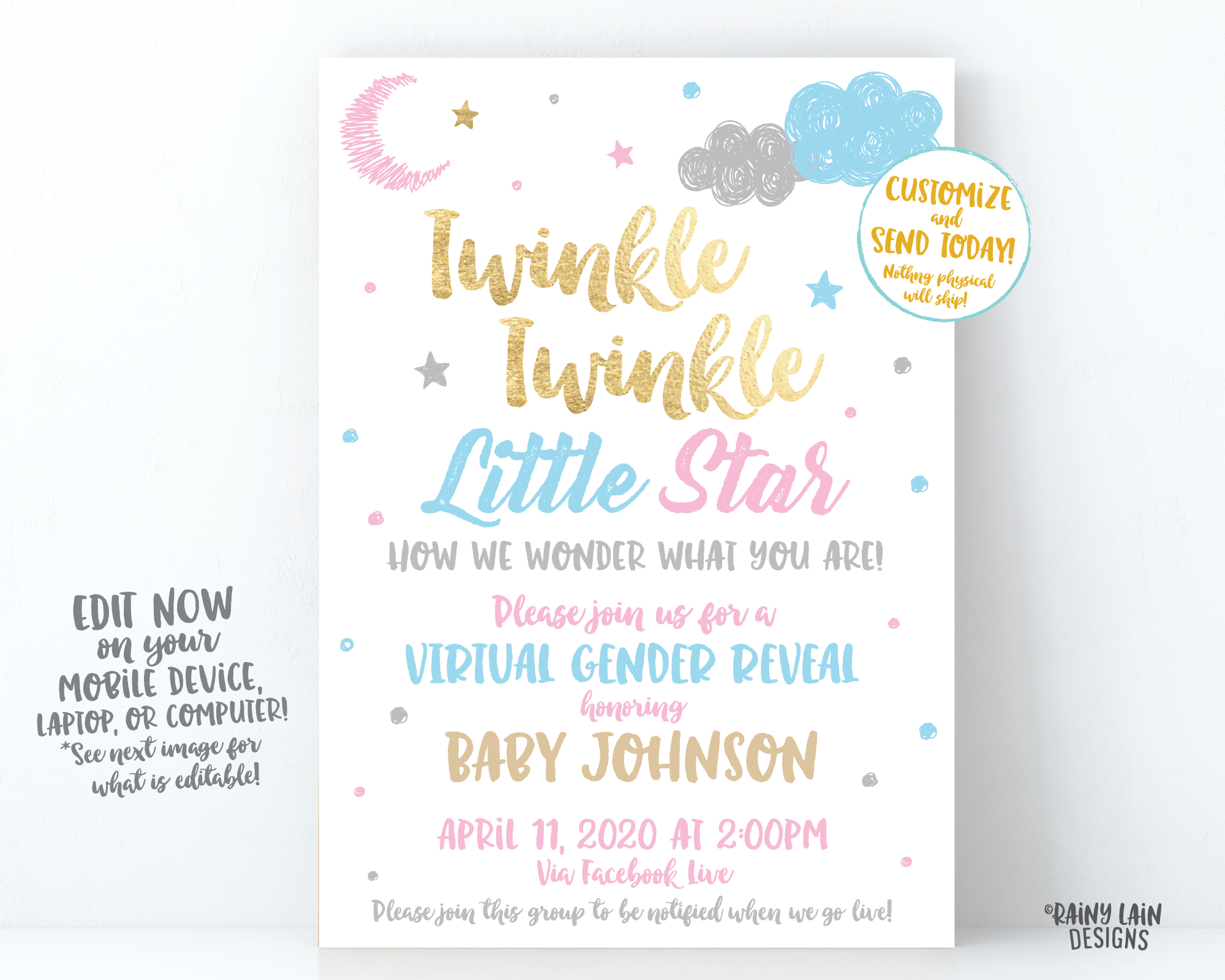 Virtual Gender Reveal Invitation, Long Distance Gender Reveal Invite, Twinkle Twinkle Little Star How We Wonder What You Are, Pink Blue Gold
