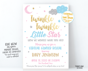 Virtual Gender Reveal Invitation, Long Distance Gender Reveal Invite, Twinkle Twinkle Little Star How We Wonder What You Are, Pink Blue Gold